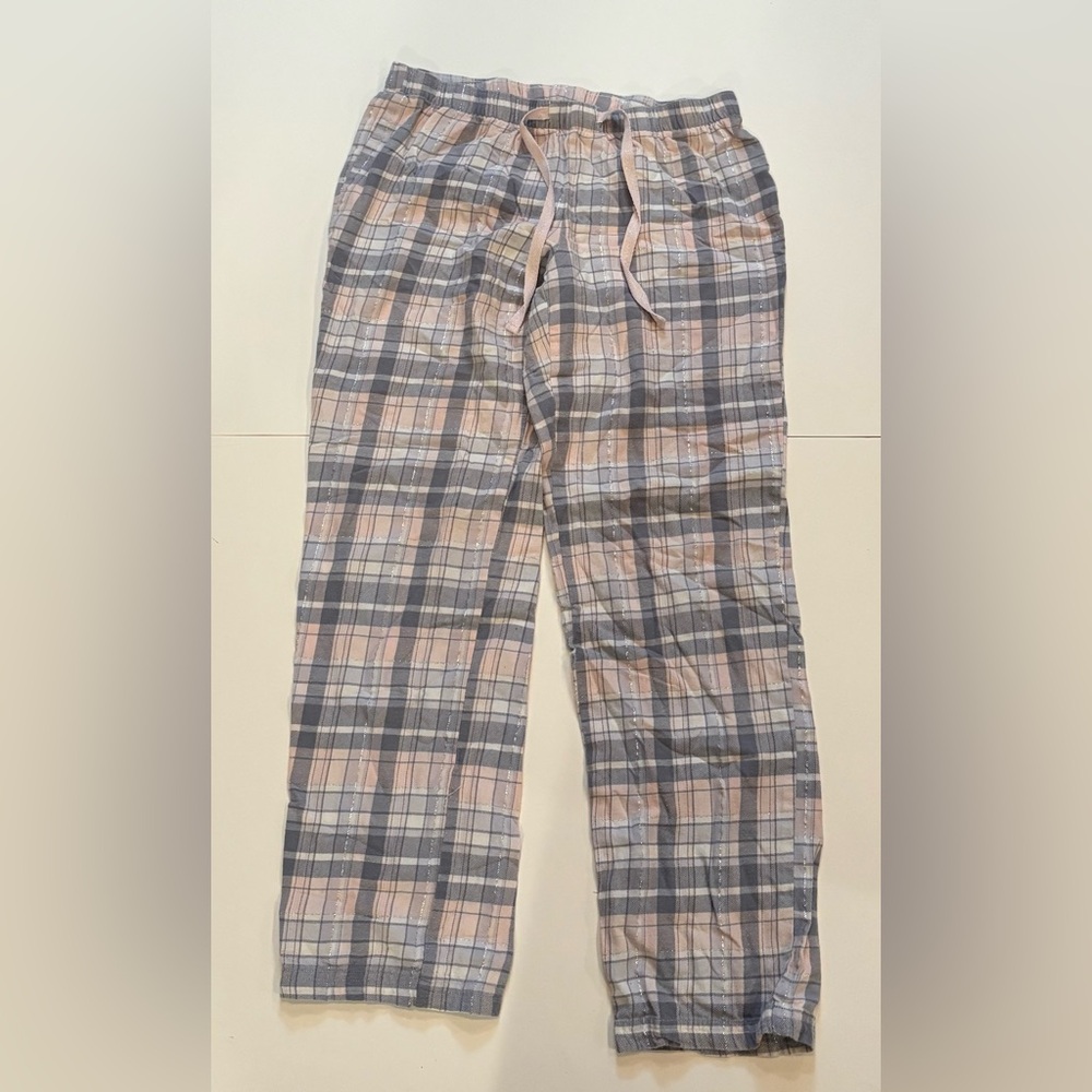 GAP Plaid Drawstring Track Pants in Gray and Pink